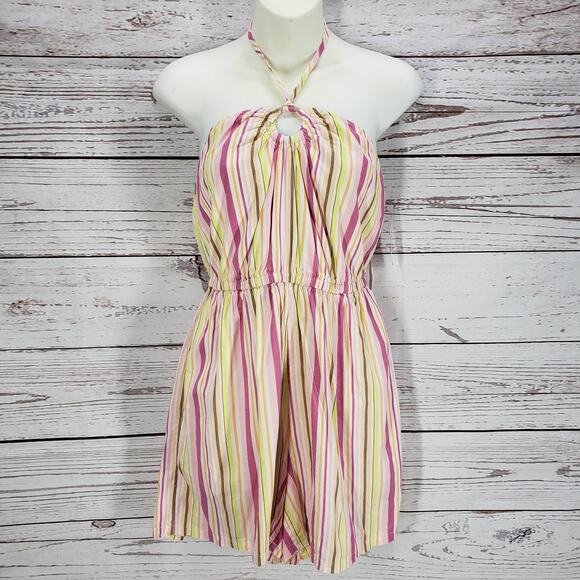 Old Navy New Women's Pink Striped Halter Pockets Romper Size Small - Picture 1 of 13